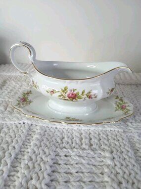 Vintage Johann Haviland Bavaria Moss Rose Gravy Boat with Underplate 9-3/4"